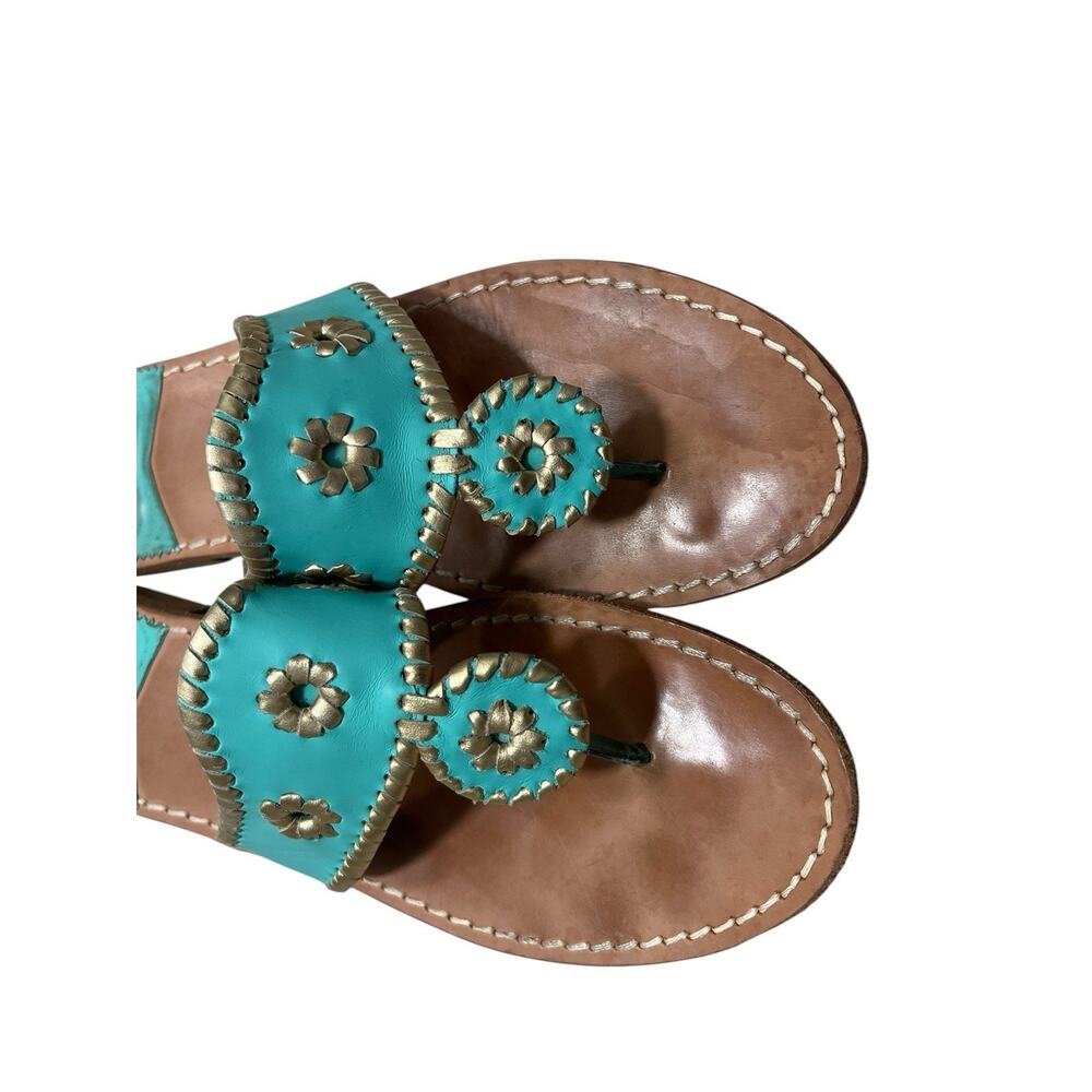 Jack Rogers Jacks Flat Sandals Teal Green Gold Whipstitch Women's 10 Slip On - Picture 3 of 9